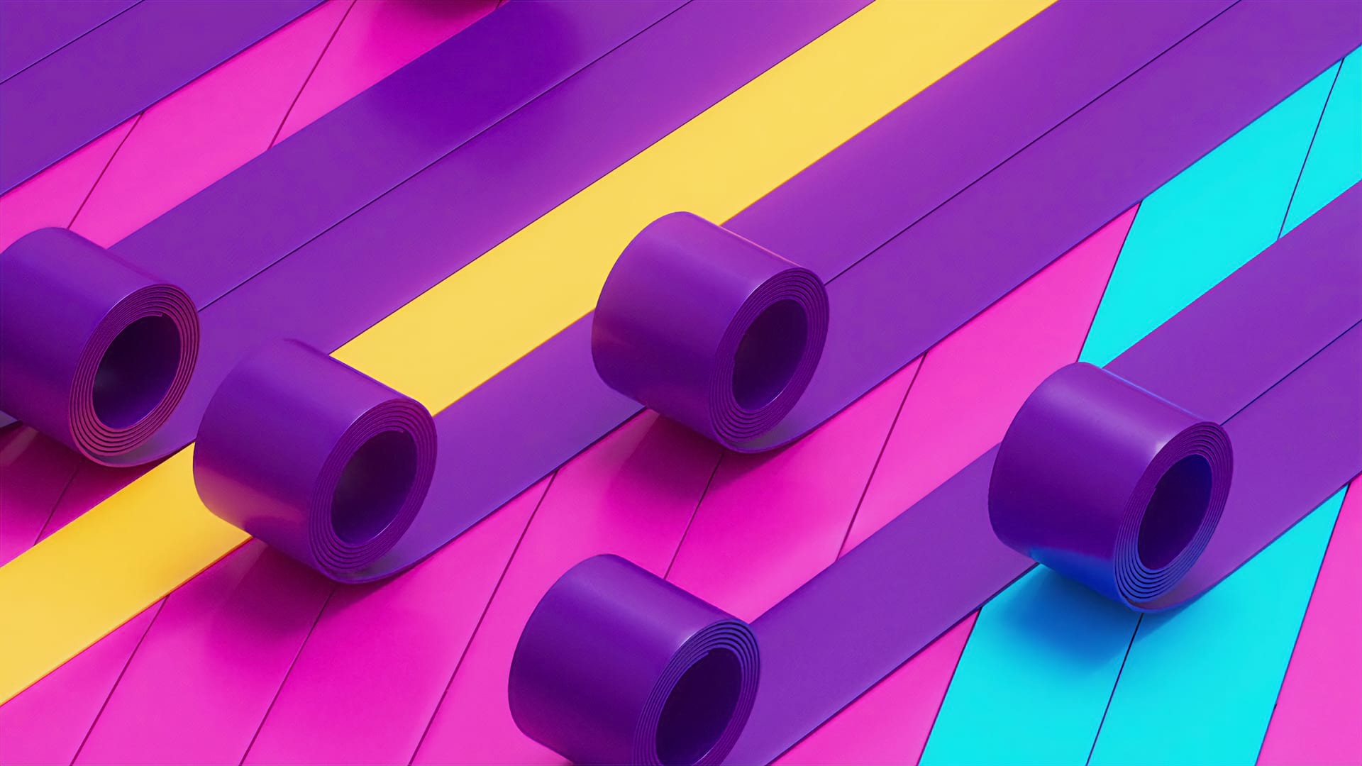 A 3D animation of multi coloured tape unrolling on a colourful table on a continuous loop