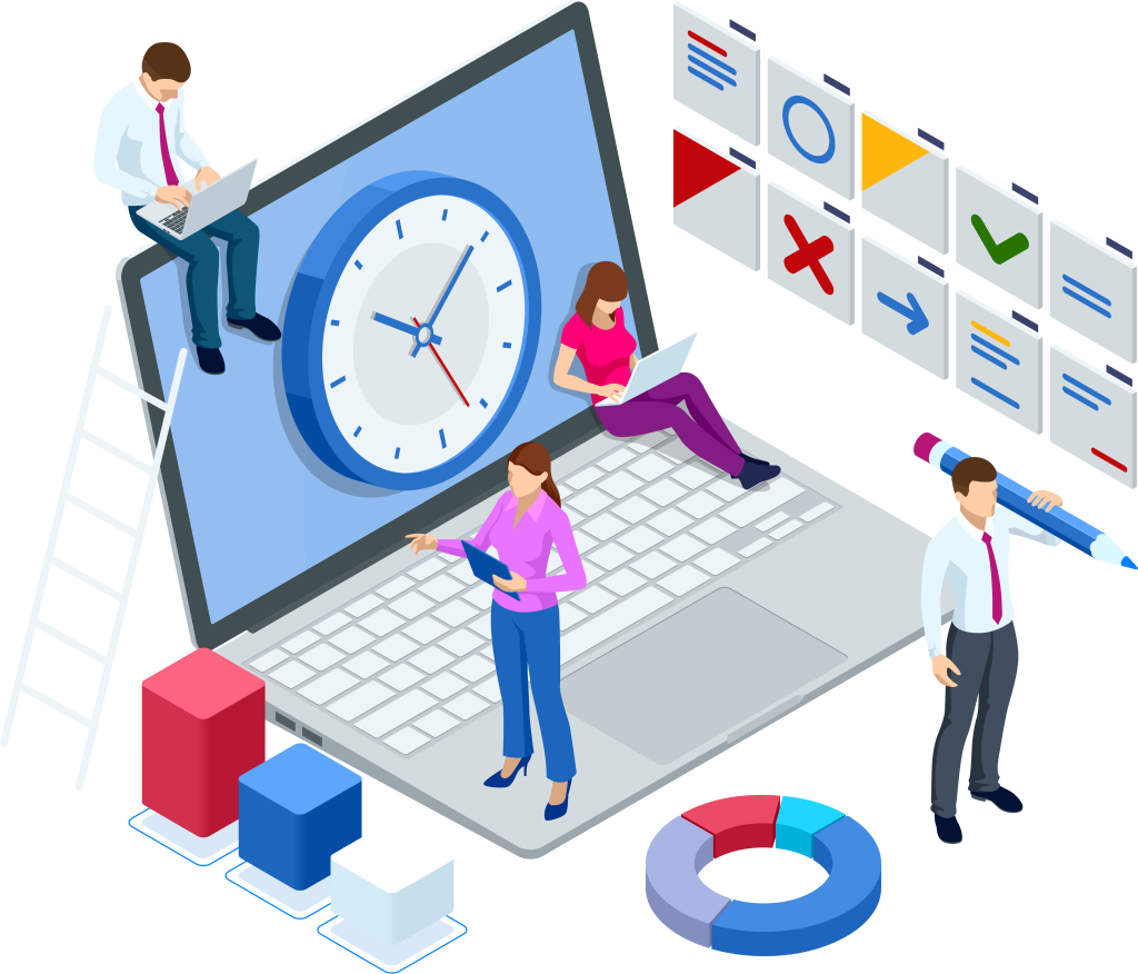 Isometric illustration of several business people working around, and on top of, a giant laptop with a clock on its screen, surrounded by various charts.