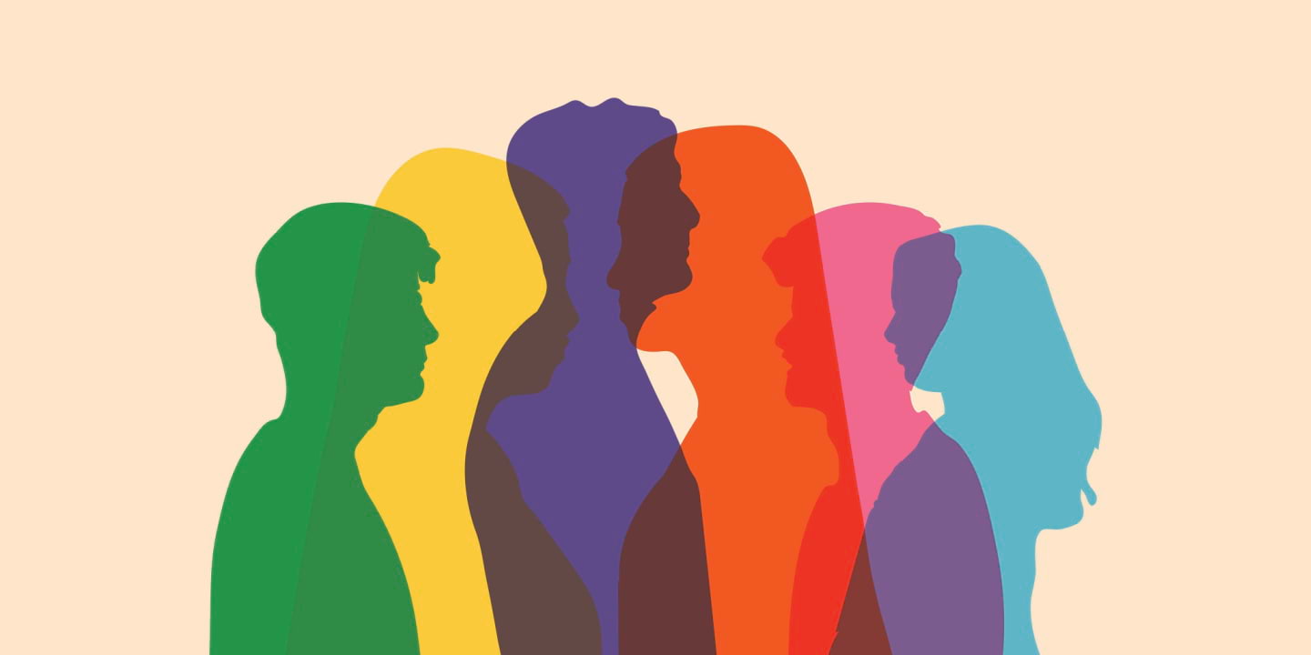 Silhouettes of 6 people in different solid colours, all facing inwards.