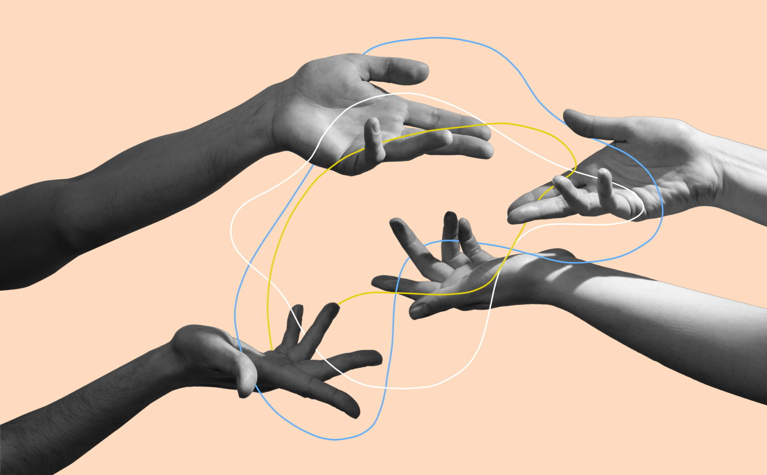 Four open hands form a square. Blue, yellow, and white loops connect the hands.