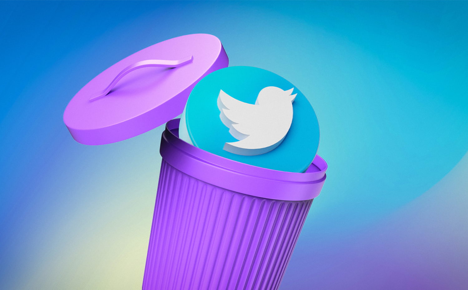 The Twitter icon sits in a purple garbage can with the lid open.